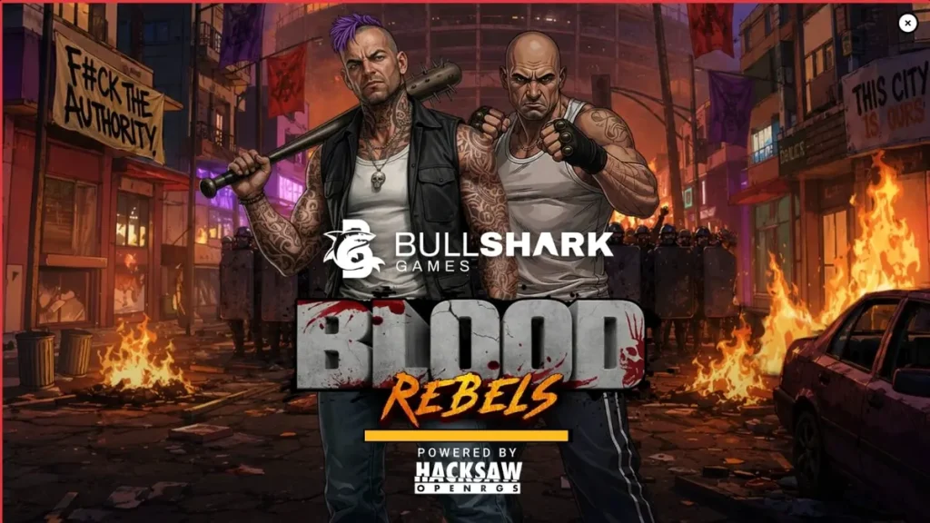 Cena de jogo do slot Blood Rebels com temática urbana e rebelde